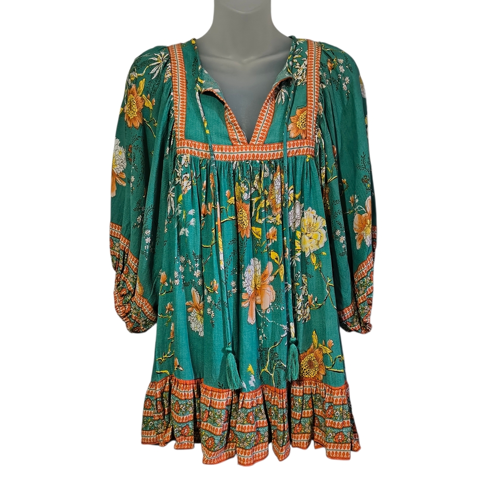 Rachel Zoe Small Boho Green Orange Floral Ruffled Hem Tunic 3/4 Sleeve Hippie